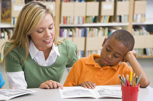 Young teacher working with elementary age male student